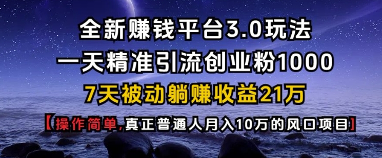 全新赚钱平台3.0玩法一天精准引流创业粉1000.7天被动躺Z收益21W【仅揭秘】-星火轻创
