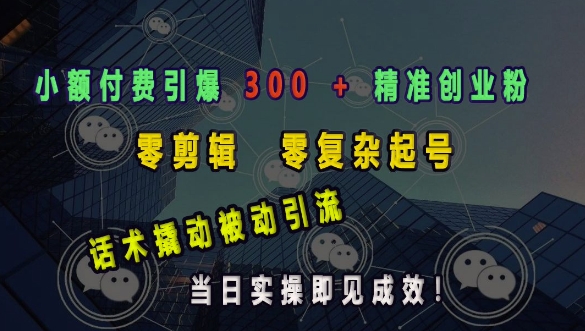 小额付费引爆 300 + 精准创业粉，零剪辑、零复杂起号，话术撬动被动引流，当日实操即见成效-星火轻创